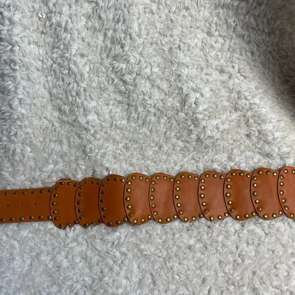 Lake shore Drive leather tan patchwork Belt with brass buckle & studs accents